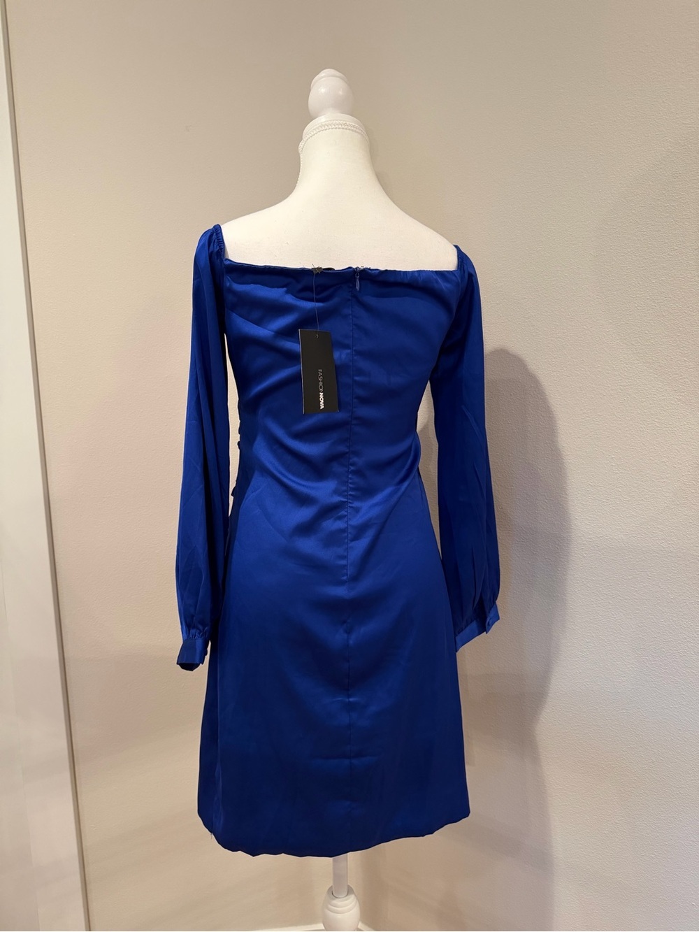 Fashion Nova Off Shoulder Cobalt Satin Wrap-Style Long Sleeve Dress - Picture 3 of 5